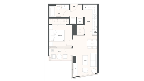 Floor plan for 1 bed, 1 bath, 565 sqft